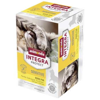 Integra Protect Sensitive 6 x 100 g Pur poulet Carton de nourriture pour chat Animonda Integra Protect Sensitive avec le visage d'un chat et du texte indiquant "Poulet Pur" et "Régime Vétérinaire."