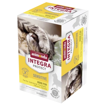 Kartons von Animonda Integra Protect Sensitive Katzenfutter mit dem Gesicht einer Katze und dem Text "Reines Huhn" und "Veterinärdiät."