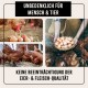 Hühner auf einem Bauernhof mit einer Person, die einen Korb mit Eiern hält. Text: 'Sicher für Menschen & Tiere' und 'Keine Auswirkungen auf die Qualität von Eiern & Fleisch.'