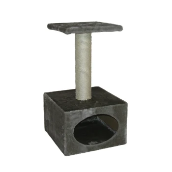 Arbre à chat gris avec un poteau à gratter, une plateforme supérieure et un coin douillet à la base.
