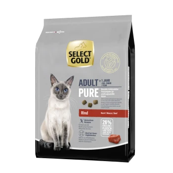 Pure Adult Rind 2.5 kg Select Gold Adult Pure Katzenfutterbeutel mit einer Siamkatze, mit wichtigen Details wie "Rind", 26% frisches Fleisch und glutenfreies Rezept.