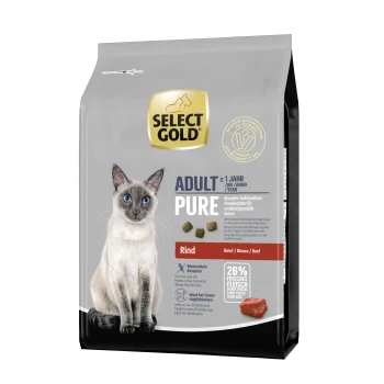 Select Gold Adult Pure Katzenfutterbeutel mit einer Siamkatze, mit wichtigen Details wie "Rind", 26% frisches Fleisch und glutenfreies Rezept.