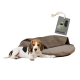 Ein Beagle liegt auf einem runden, plüschigen Hundebett mit einem braunen Bezug. Ein Etikett mit der Aufschrift 'Kotbeutel Set' hängt darüber, mit einem Abfallbeutelspender.