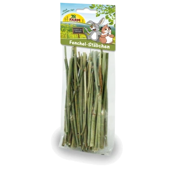 Eine klare Plastiktüte mit grünen Fenchelstäbchen, beschriftet mit "JR FARM Fenchel-Stäbchen," mit Cartoon-Hasen auf dem Header.