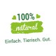100% natürliche Tiernahrungsetikette mit grünem Text und Herzen, mit dem Slogan "Einfach. Tierisch. Gut."