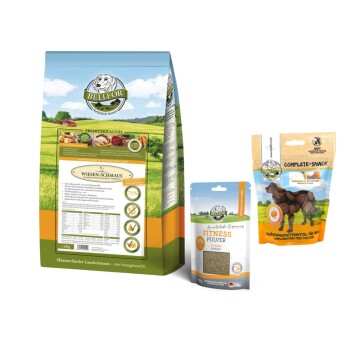 Sparset für Windhunde: Wiesen-Schmaus 4 kg + Gelenke und Knochen Complete-Snack 150g + Fitness Pulver 80g