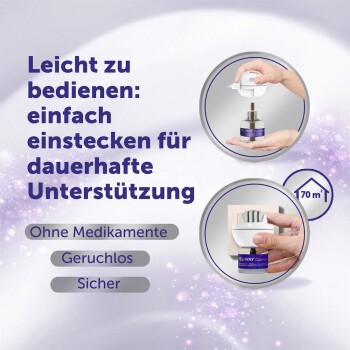 FELIWAY Optimum Steckdiffusor mit Händen, die das Fläschchen einsetzen; deutsche Texte: 'Leicht zu bedienen', 'Ohne Medikamente', 'Geruchlos', 'Sicher', '70 m²'.