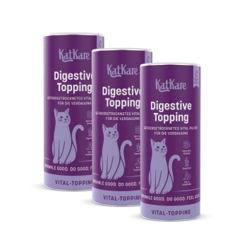 Drei lila KatKare-Dosen mit der Aufschrift 'Digestive Topping', Katzenillustration; sichtbarer Text 'Vital-Topping'.