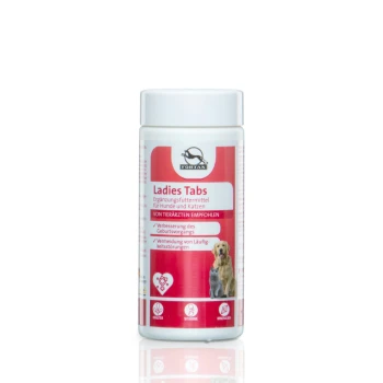 Ladies Tabs mit Himbeerblätter-Extrakt 90 g Behälter mit "Ladies Tabs", einem Nahrungsergänzungsmittel für Haustiere, mit einem rosa Etikett auf Deutsch für Geburtsunterstützung und Vorbeugung von Hitzeproblemen.