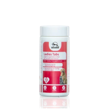 Behälter mit "Ladies Tabs", einem Nahrungsergänzungsmittel für Haustiere, mit einem rosa Etikett auf Deutsch für Geburtsunterstützung und Vorbeugung von Hitzeproblemen.