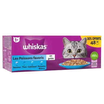 Emballage de nourriture pour chat Whiskas avec le visage d'un chat tigré gris et les saveurs "Les Poissons favoris en gelée" : saumon, thon, morue, poisson blanc.