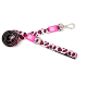 Rosa und schwarze Hundeleine mit Leopardenmuster, Metallverschluss und Max & Molly Markenanhängern auf weißem Hintergrund.