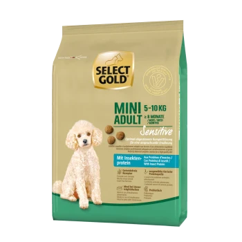 Select Gold Mini Adult Hundefutterbeutel für kleine Rassen (5-10 kg), geeignet für Hunde über 8 Monate, mit Insektenprotein und sensibler Formel.