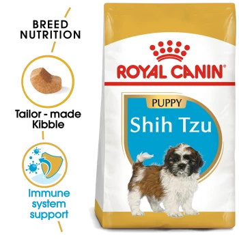 Royal Canin Puppy Shih Tzu dog food bag featuring a Shih Tzu puppy illustration, highlighting breed nutrition and immune system support.