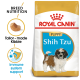 Royal Canin Puppy Shih Tzu dog food bag featuring a Shih Tzu puppy illustration, highlighting breed nutrition and immune system support.