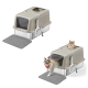 Beige bedeckte Katzentoilette mit Schaufel, Matte und zwei Katzen, eine darin und eine oben auf der Box.