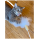 Eine verspielte graue getigerte Katze mit großen Augen und herausgestreckter Zunge greift nach einem flauschigen weißen Spielzeug an einem Stock, vor einem Holzboden.