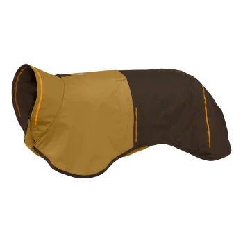 Ein brauner und gelber Hundemantel mit orangefarbenen Akzenten, der eine Reißverschlusstasche und eine enge Passform für Wärme und Komfort bietet.