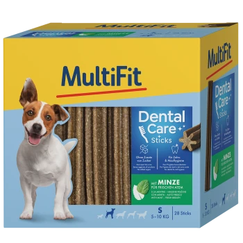 Boîte de bâtonnets de soins dentaires MultiFit pour petits chiens (28 bâtonnets, 5-10 kg) avec de la menthe pour une haleine fraîche.