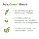 ArthroGreen® Pferdeproduktbild, mit Text über Gelenkunterstützung für Pferde, Nährstoffe für Muskeln und Sehnen sowie natürliche Kräuter.