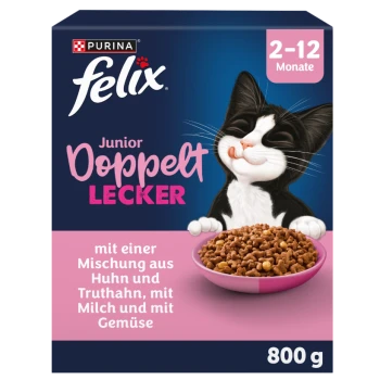 Purina Felix Junior 'Doppelt Lecker' Katzenfutterpackung, lächelndes Kätzchen mit Futterschale; sichtbarer Text '2–12 Monate' und '800 g'.