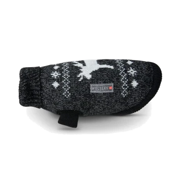 Schwarzer Strick-Hundepullover mit weißem nordischem Muster, kleinem Leinenring und WOLTERS-Label.