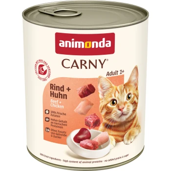 Dose Animonda Carny Adult 1+ Katzenfutter mit Rindfleisch und Huhn, zeigt eine orangefarbene getigerte Katze und Fleischstücke.