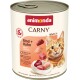 Boîte de nourriture pour chat Animonda Carny Adult 1+ au bœuf et poulet, montrant un chat tigré orange et des morceaux de viande.