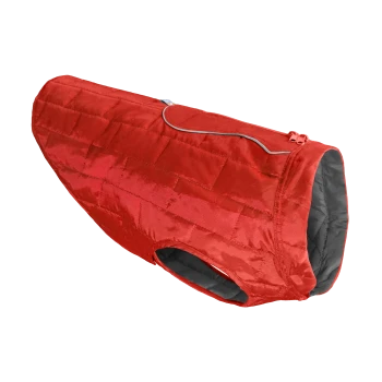 Rote gepolsterte Hundejacke mit grauem Innenfutter, mit Reißverschluss und Öffnung für die Leine.