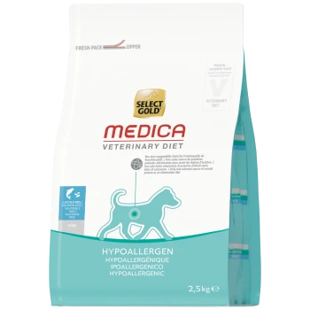 Sac de croquettes Select Gold Medica hypoallergénique (saumon et riz), silhouette de chien turquoise, 2,5 kg, fermeture Fresh-Pack.