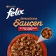 Felix Sensations natte kattenvoer verpakking met stukjes rundvlees in tomatensaus, met de tekst 'Mit Rind in einer Sauce mit Tomate.'