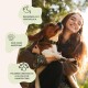 Eine Frau hält einen Beagle im Freien, mit Sprechblasen, die sagen: "Gut verträglich," "Hohe Akzeptanz," "Zehntausende glückliche Hundeltern."