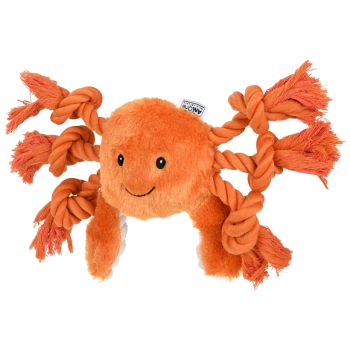Ein plüschiges orangefarbenes Oktopusspielzeug mit Seil-Tentakeln, mit einem lächelnden Gesicht und weicher Textur, ideal für Haustiere zum Spielen.