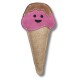 Ein plüschiges Hundespielzeug in Form einer Eistüte, mit einer rosa Kugel mit einem lächelnden Gesicht und einer braunen Waffelbasis.
