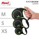 Laisses rétractables pour chiens Flexi en trois tailles (XS, S, M) avec un design noir et des accents verts, tenues dans une main.