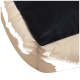 Nahaufnahme eines Haustierbettes mit einer schwarzen strukturierten Oberseite und einem beigen Boden, das seine weichen, gepolsterten Kanten zeigt.