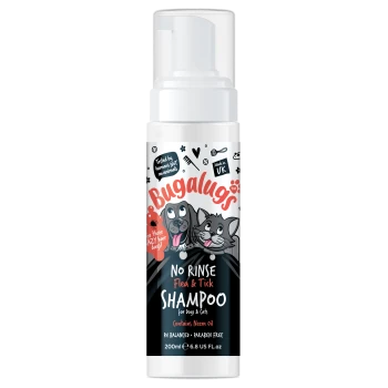 Flasche Bugalugs No Rinse Floh- & Zeckenshampoo für Hunde und Katzen, enthält Neemöl, 200 ml.