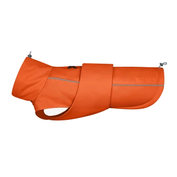 Helle orangefarbene Hundejacke mit reflektierenden Streifen und einem Schnallenverschluss, beschriftet mit "DOG IDEA." Ideal, um Haustiere warm und sichtbar zu halten.