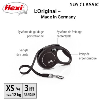FLEXI Laisse New Classic XS Sangle 3 m jusqu'au 12 kg Noir