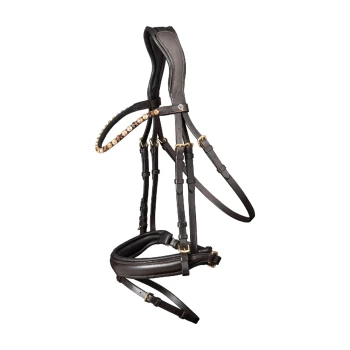 Ein stilvolles schwarzes Leder-Haustiergeschirr mit goldenen Beschlägen und einem dekorativen, mit Perlen besetzten Griff, entworfen für Komfort und Haltbarkeit.