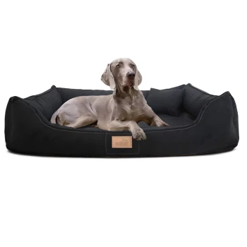 Ein grauer Hund liegt auf einem plüschigen schwarzen Hundebett mit erhöhten Rändern, mit einem Holzschild, auf dem "PetMax" steht.