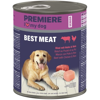 PREMIERE hondenvoerblik 'I ♥ my dog' en 'BEST MEAT' SENIOR — afbeelding van hond, rund, kip en rijst