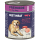 PREMIERE Hundefutterdose mit der Aufschrift 'I ♥ my dog' und 'BEST MEAT' SENIOR — Abbildung eines Hundes, Rindfleisch, Huhn und Reis.