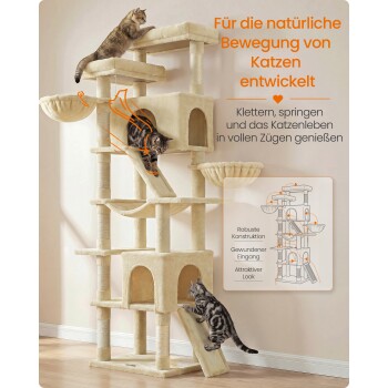 Beiger mehrstöckiger Kratzbaum mit drei gestreiften Katzen; deutscher Text: 'Für die natürliche Bewegung von Katzen entwickelt'.