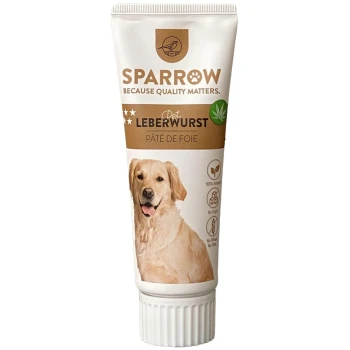 Sparrow Pet Leberwursttube mit einem Bild eines Golden Retrievers, beschriftet mit "100% Natürlich", "Kein Zucker", "Kein Weizen" und "Keine Füllstoffe."