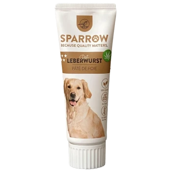 Sparrow Pet Leberwursttube mit einem Bild eines Golden Retrievers, beschriftet mit "100% Natürlich", "Kein Zucker", "Kein Weizen" und "Keine Füllstoffe."