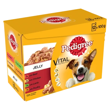 Pedigree dog food box featuring jelly with flavors: 3x Beef, 3x Chicken, 3x Lamb, 3x Poultry; labeled "Vital Protection."