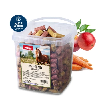 Behälter mit PANTO Leckerli-Mix Pferdeleckerlis, mit Apfel- und Karottengeschmack, mit einem Pferdebild und dem Etikett 'Made in Hamburg'.
