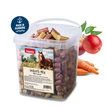 Behälter mit PANTO Leckerli-Mix Pferdeleckerlis, mit Apfel- und Karottengeschmack, mit einem Pferdebild und dem Etikett 'Made in Hamburg'.