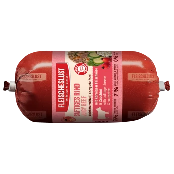 Rot verpackte Tiernahrungsrolle mit Aufschrift 'FLEISCHESLUST' Saftiges Rind, 75 % Fleisch, 7 % Obst & Gemüse